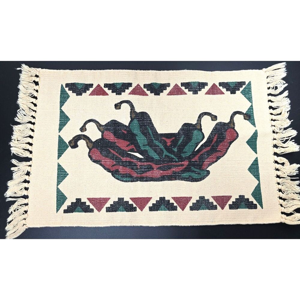 Vtg Southwest Woven Chili Pepper Placemats Set of 4 Fringe Cotton Western Rustic